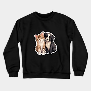 Cute Ginger Tabby Cat and Black and White Puppy Buddies Crewneck Sweatshirt